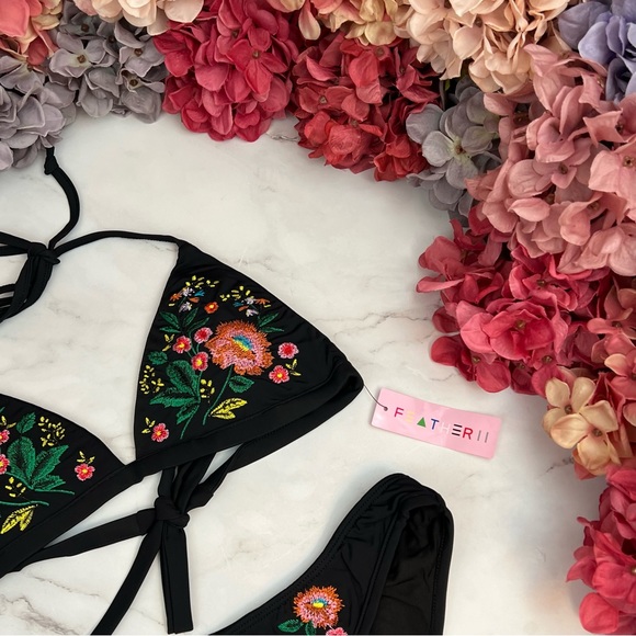 Sexy Black Floral Embroidered Triangle Bikini - Picture 10 of 16
